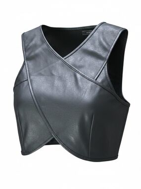 BCBG Black Faux Leather Cross-Front Crop Top Festival